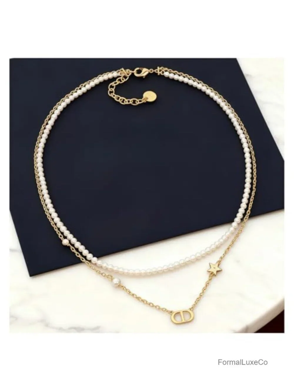 18K Gold Plated Pearl Necklace, Layered Design with Letter Pendant